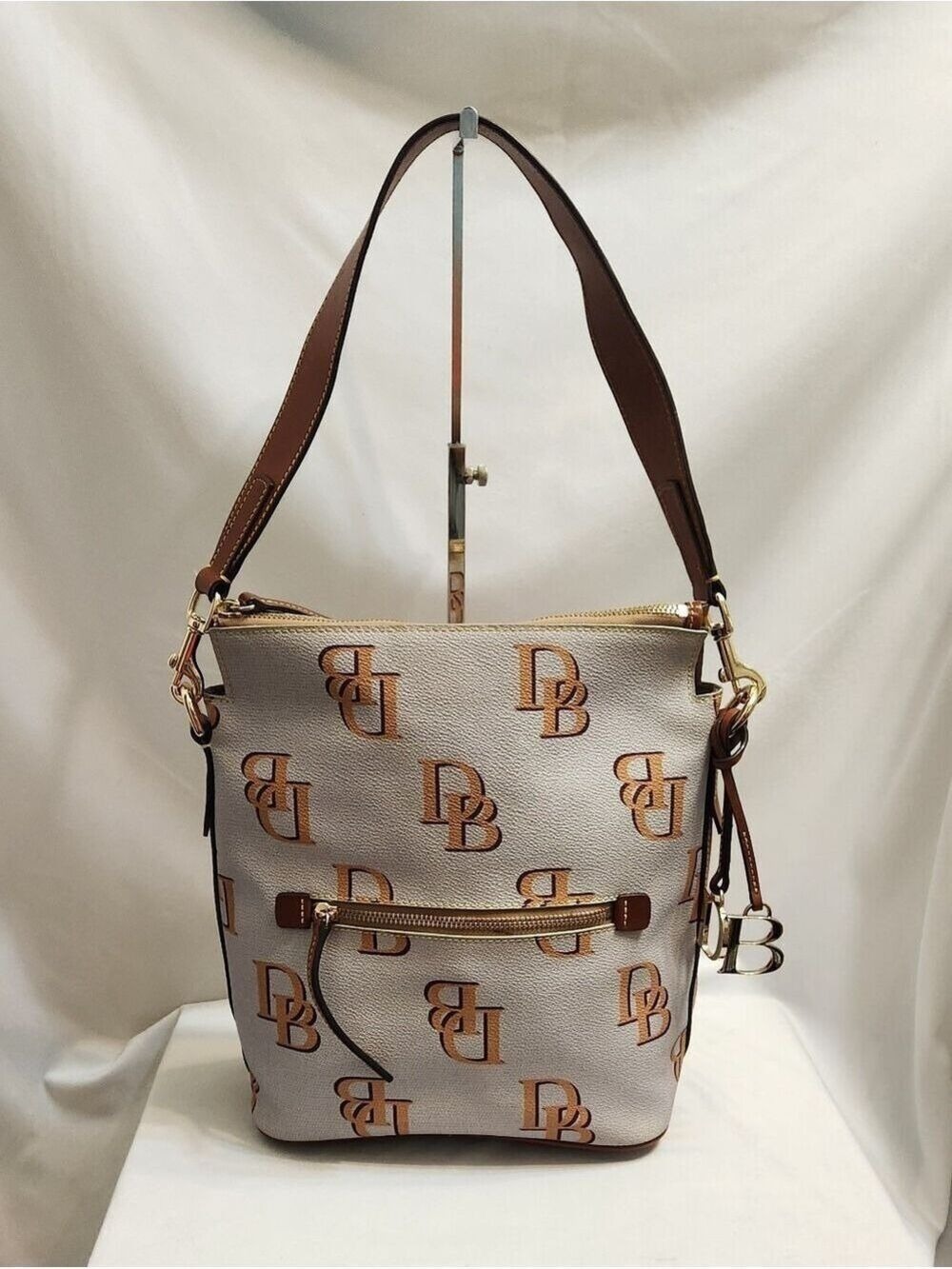 Dooney & Bourke Monogram Brown Gray Large Canvas Coated Leather Shoulder Bag